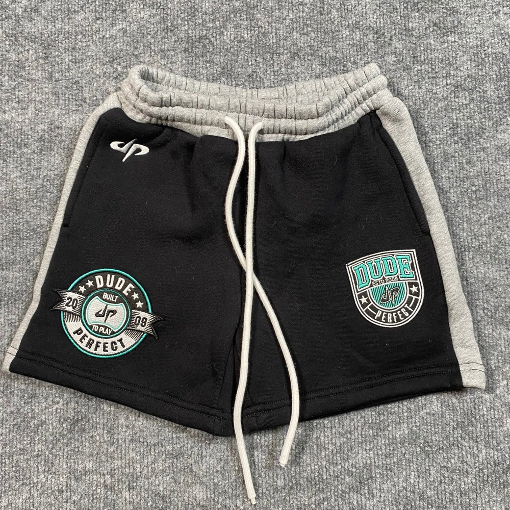 Dude Perfect Kids YS Black Grey Colorblock Athletic Sweat Shorts Embroidered